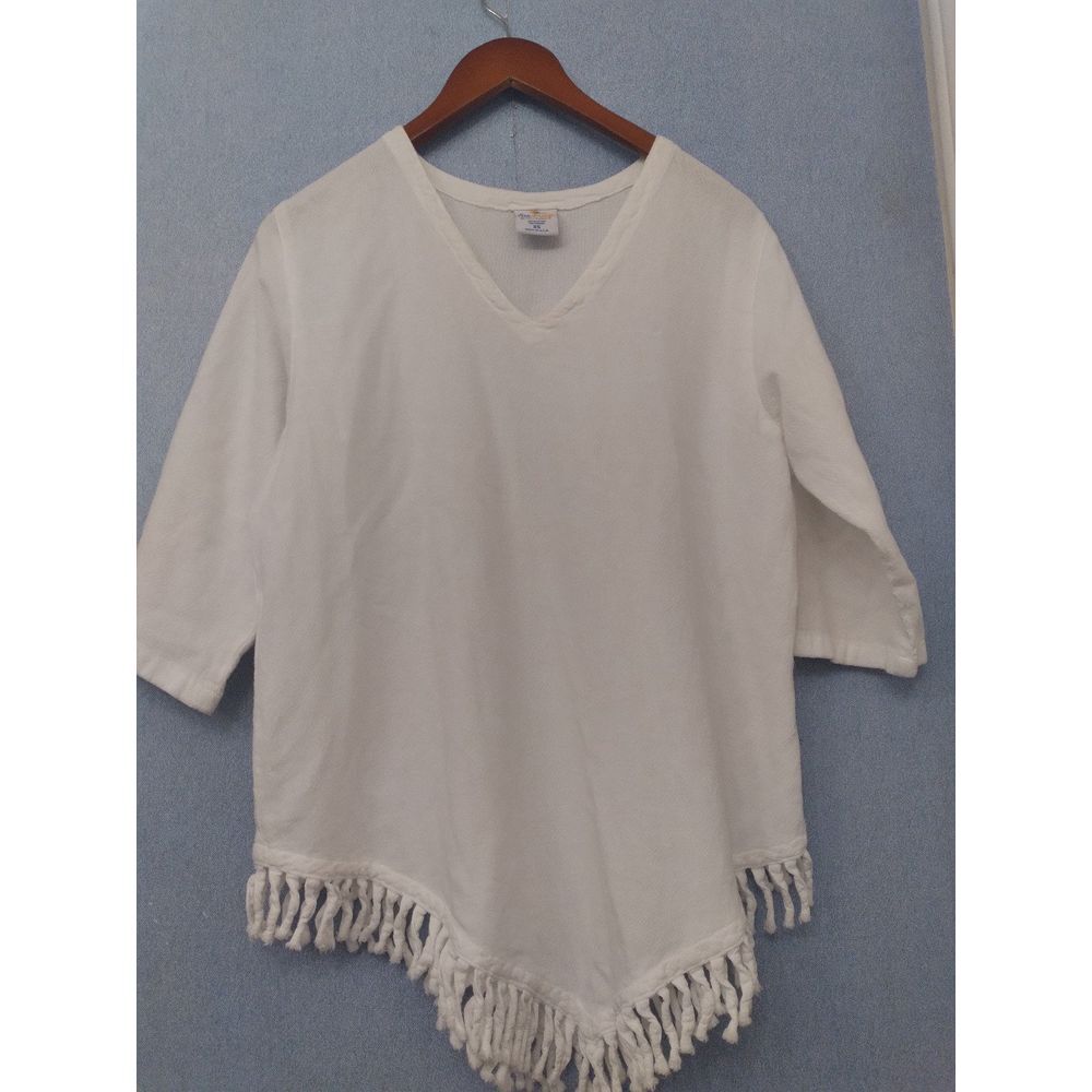 Boho Chic White Cotton Tunic Top with Fringe‎ Hem Detail 3/4 Sleeve V-Neck